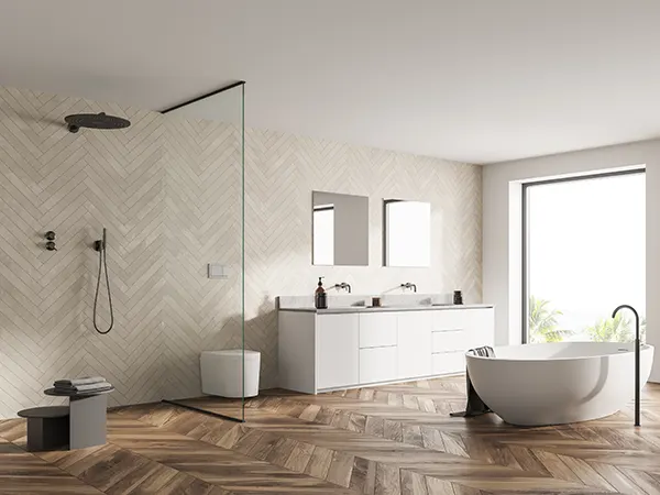 modern bathroom tile design with wooden floor