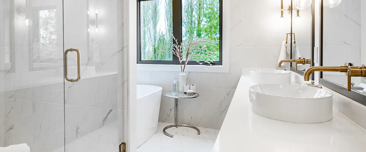 white shower bathroom with marble tile