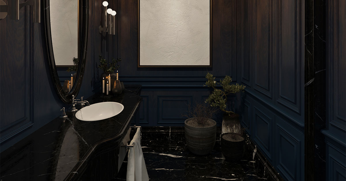 A powder room with black floor and blue walls