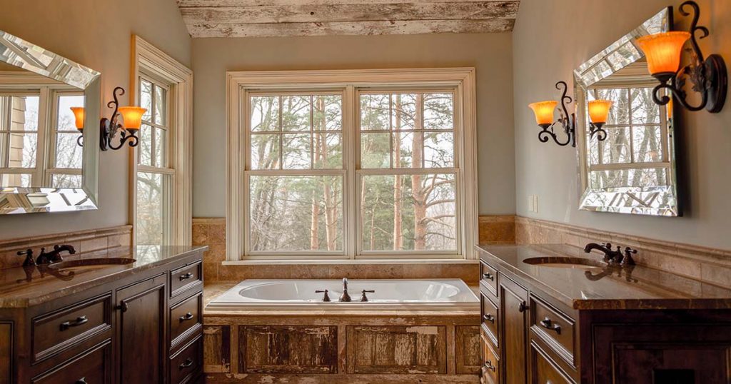 woden tub cover and window view bathroom