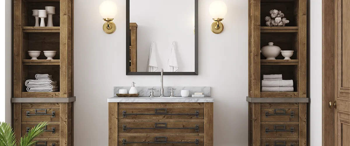 white wall with wooden cabinets for storage