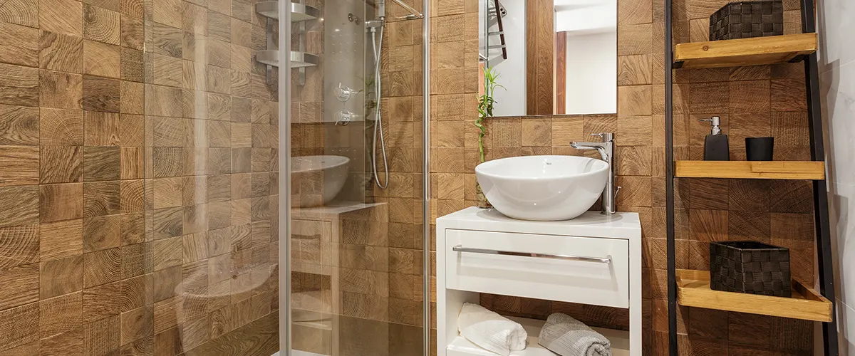 stone tile and white vanity