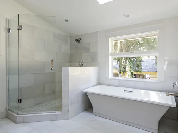 corner white shower with tub