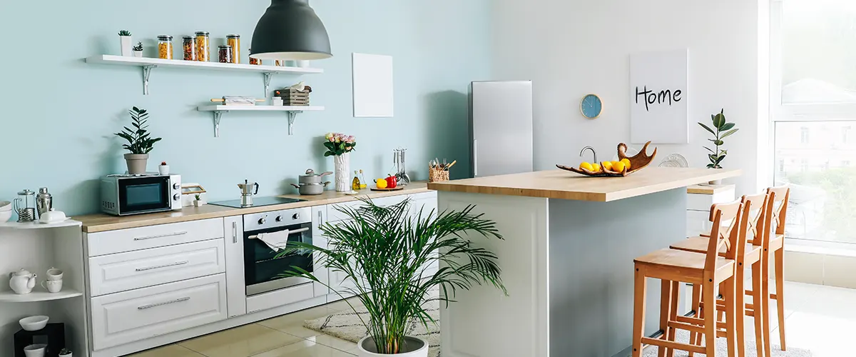 A cozy kitchen with blue walls