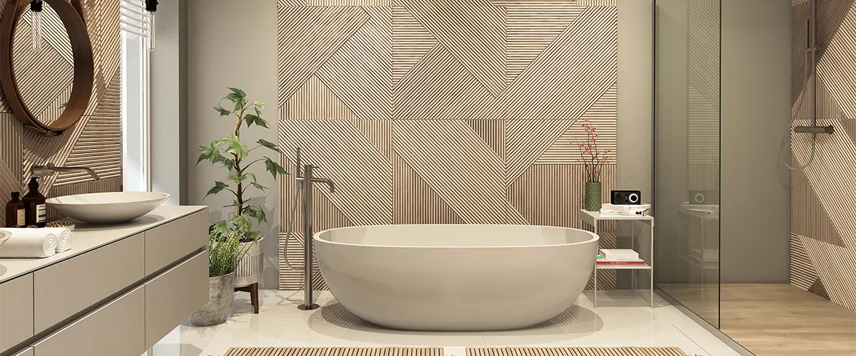 Modern bathroom renovation with patterns on walls and beige accents