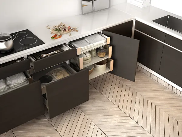 Open cabinets and drawers in a kitchen