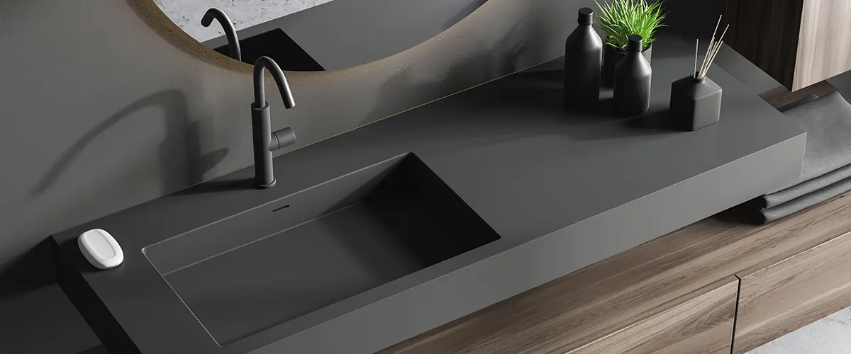 A black concrete countertop in a bathroom