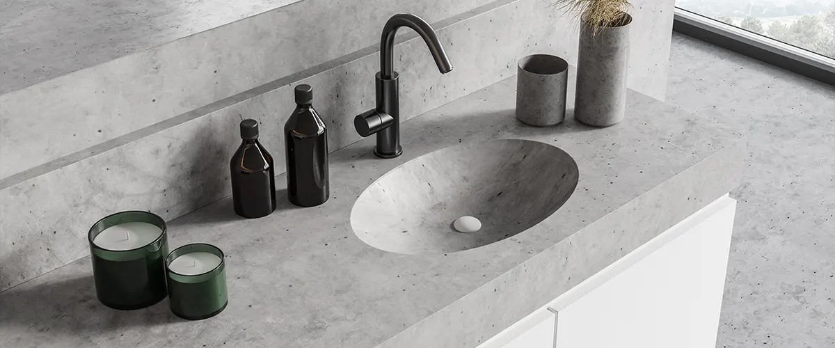 A beautiful concrete countertop in a bathroom]