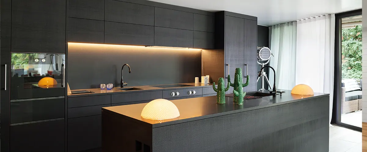 Contemporary kitchen with sleek black cabinets and elegant undercabinet lighting