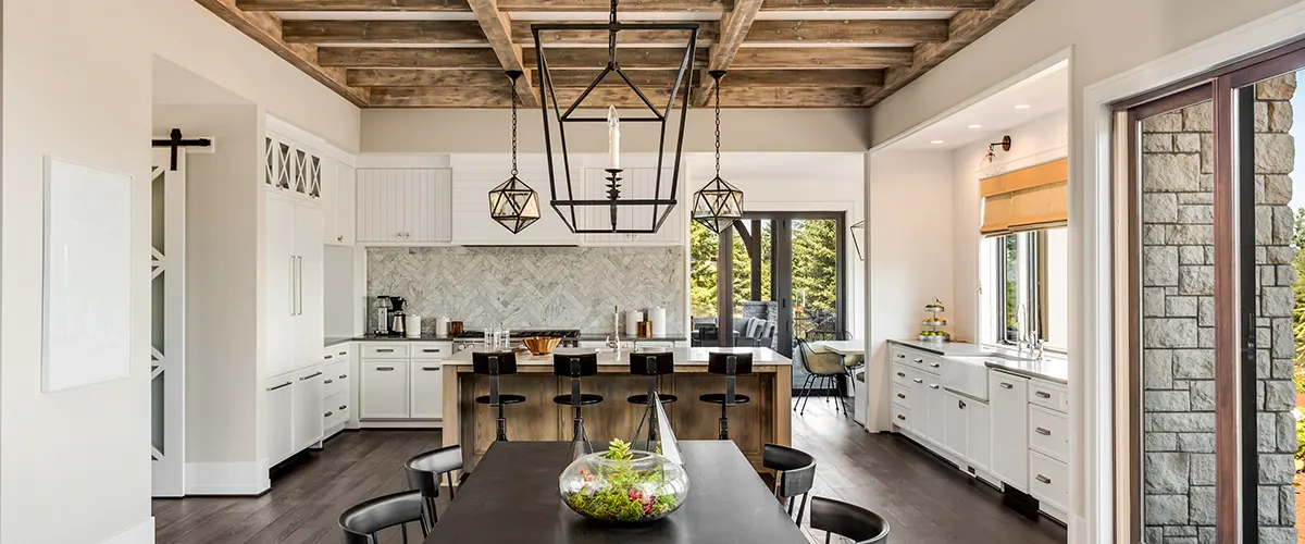 A farmhouse open-space kitchen with wood accents and kitchen features