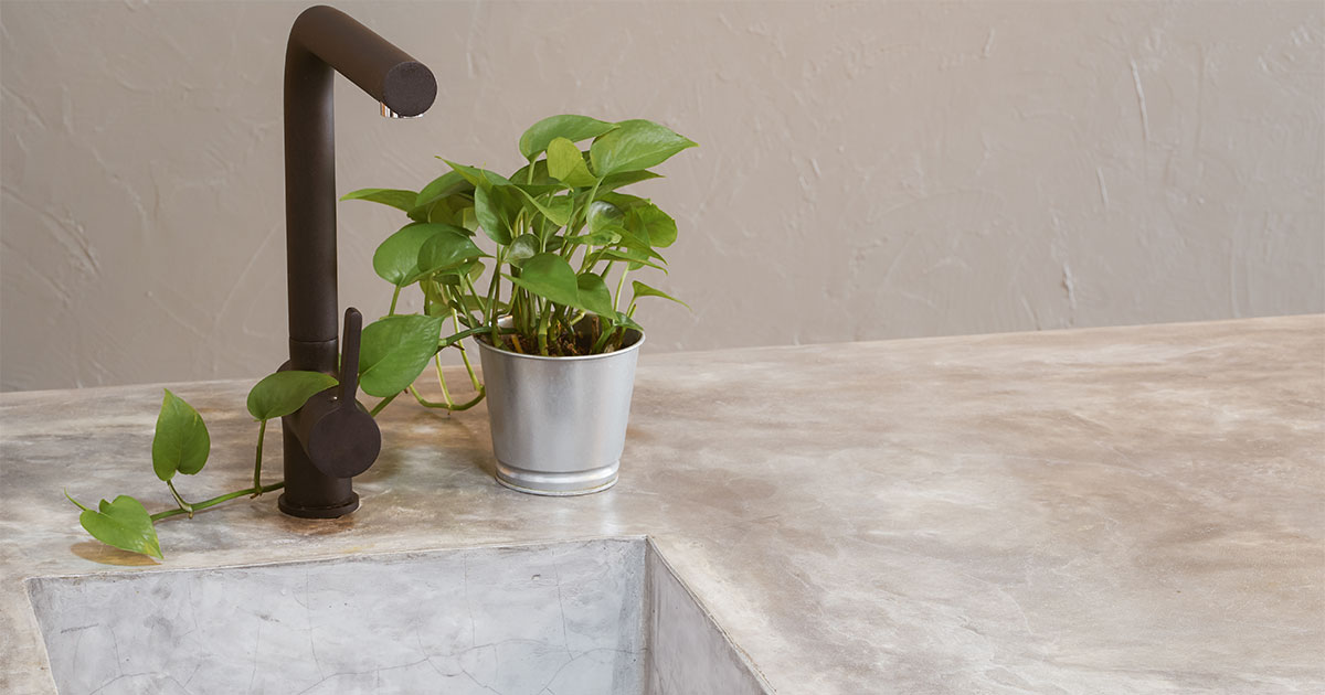 A black water fixture with a plant on a concrete countertop