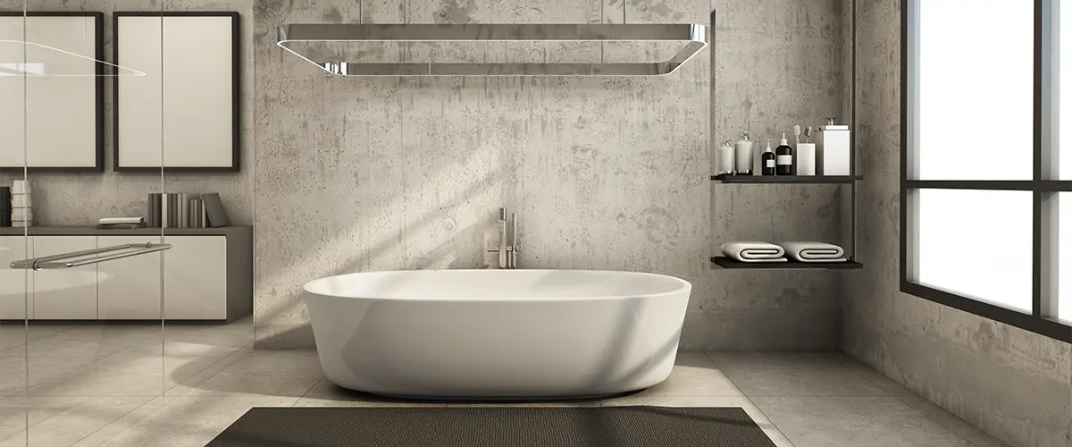 Beautiful, modern bathroom in gray and with a freestanding tub