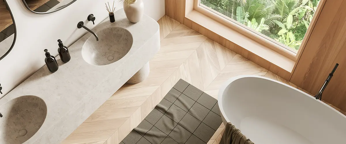 bathroom with tub and black carpet