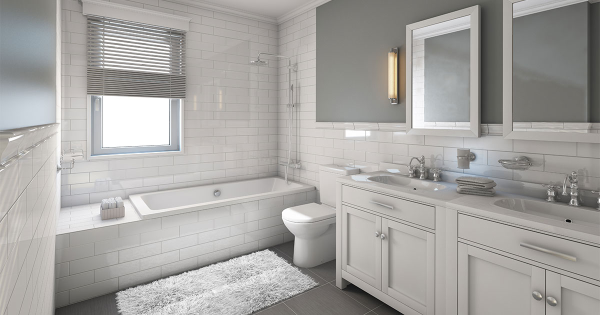 White bathroom with vanity, toilet, and tub