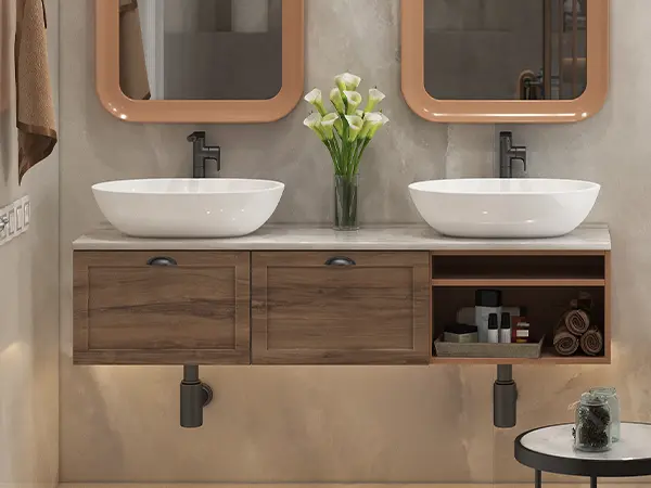 Wood vanity with two sinks